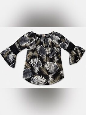 Studio West Black Tropical Print Bell-Sleeve Off-Shoulder Top XL